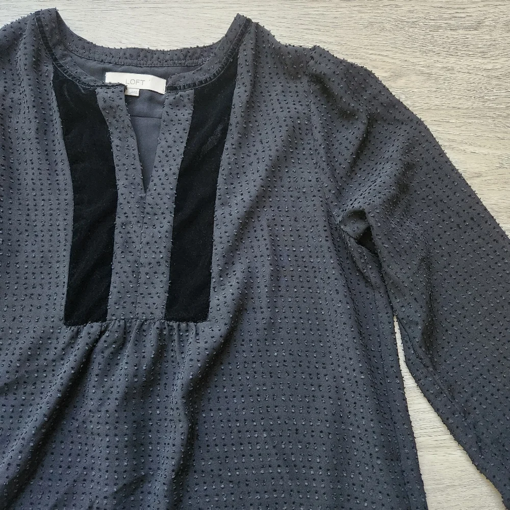 Loft Black Swiss Dot Shirt Womens Large Velvet Trim Long Sleeve Top - Picture 4 of 10